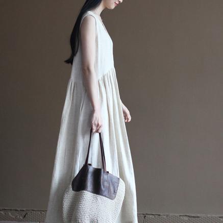 Deep V Neck Sleeveless Empire Waist Gathered Linen Blend Maxi Dress