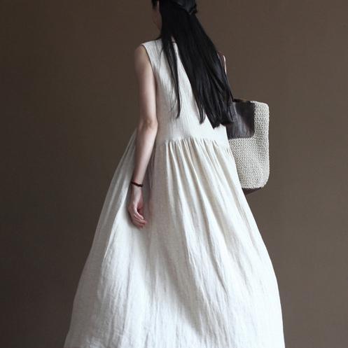 Deep V Neck Sleeveless Empire Waist Gathered Linen Blend Maxi Dress