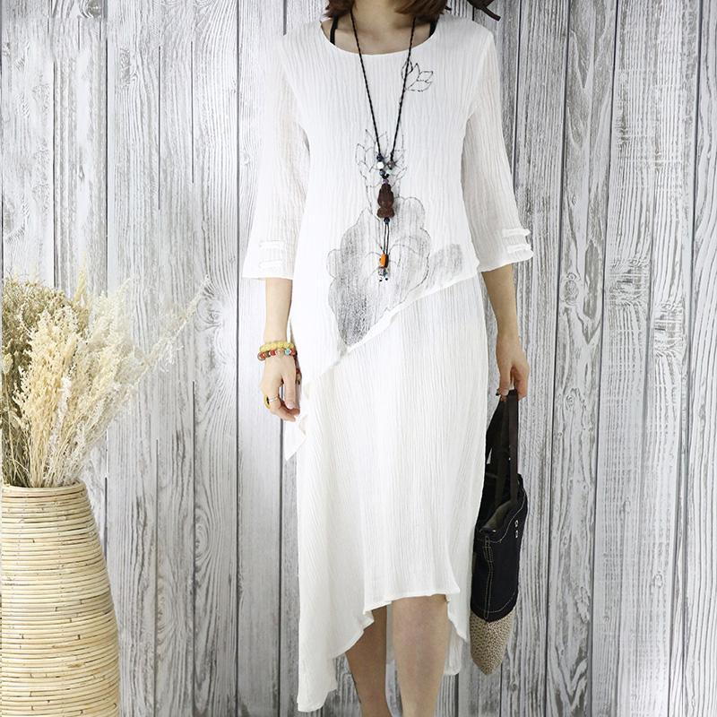 Round Neck Half Sleeve Layered Lotus Print Gauze Midi Dress