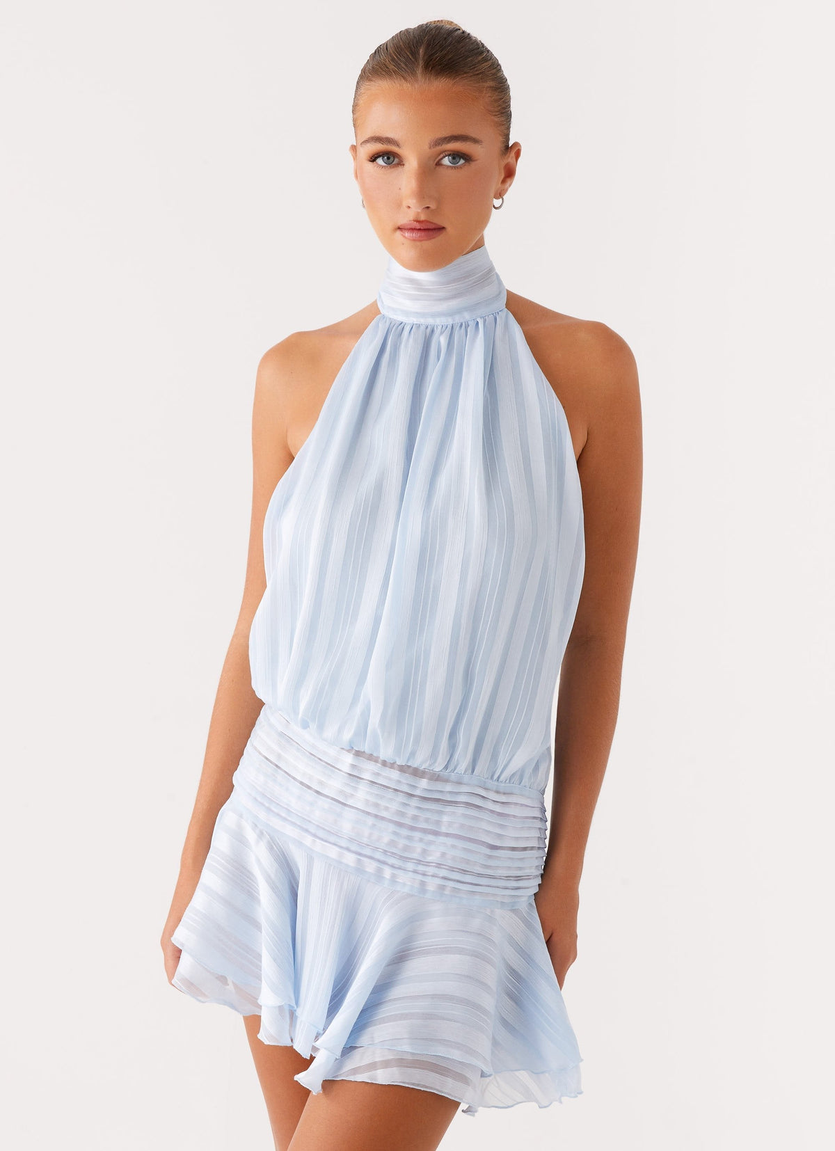 Halter Mock Neck Stripe Ruched Waist Ruffle Hem Mini Dress