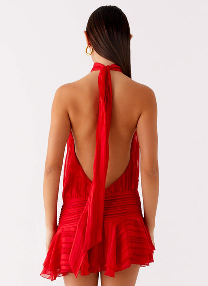 Halter Neck Striped Sheer Pleated Ruffle Tier Mini Dress