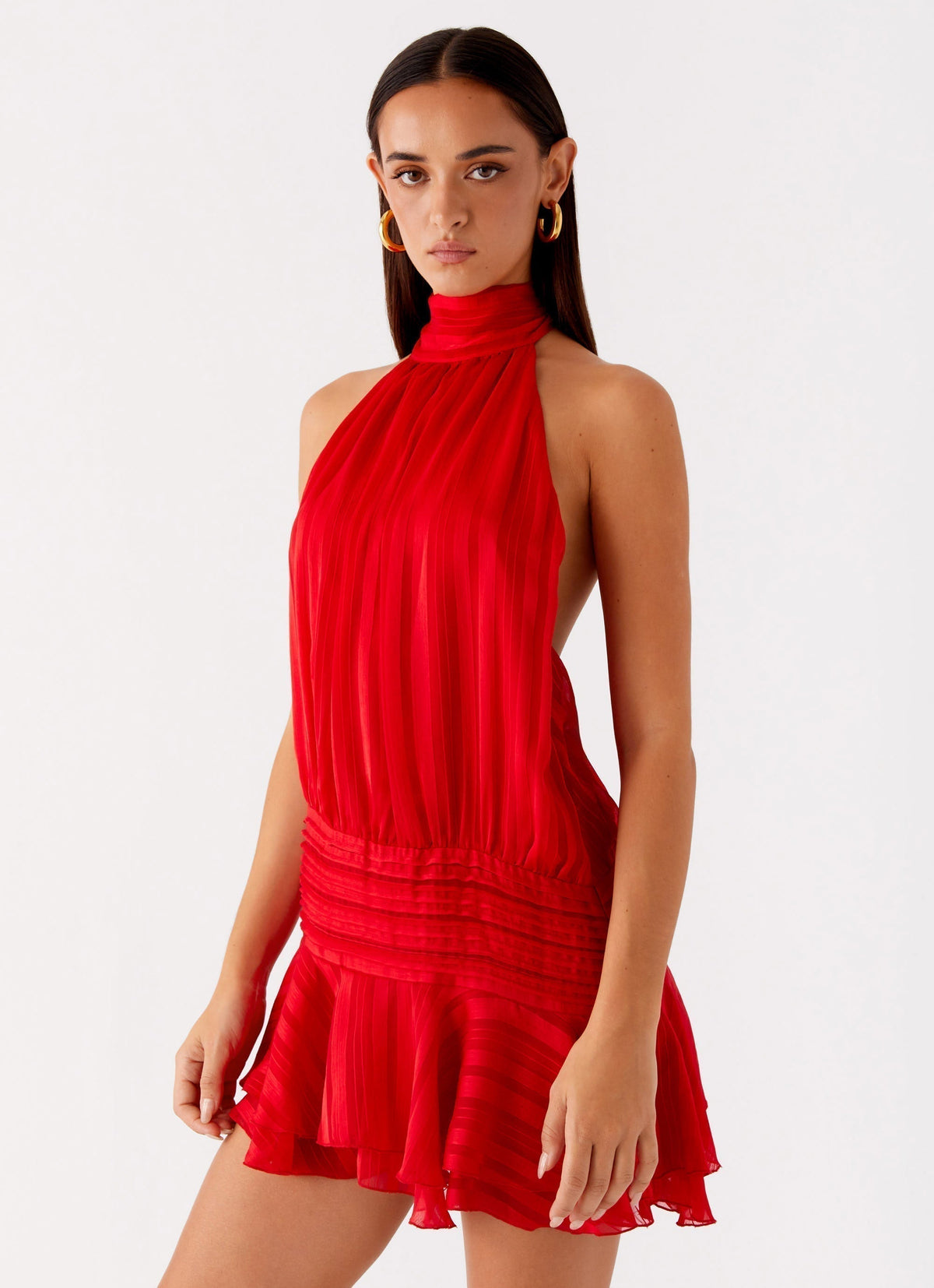 Halter Neck Striped Sheer Pleated Ruffle Tier Mini Dress