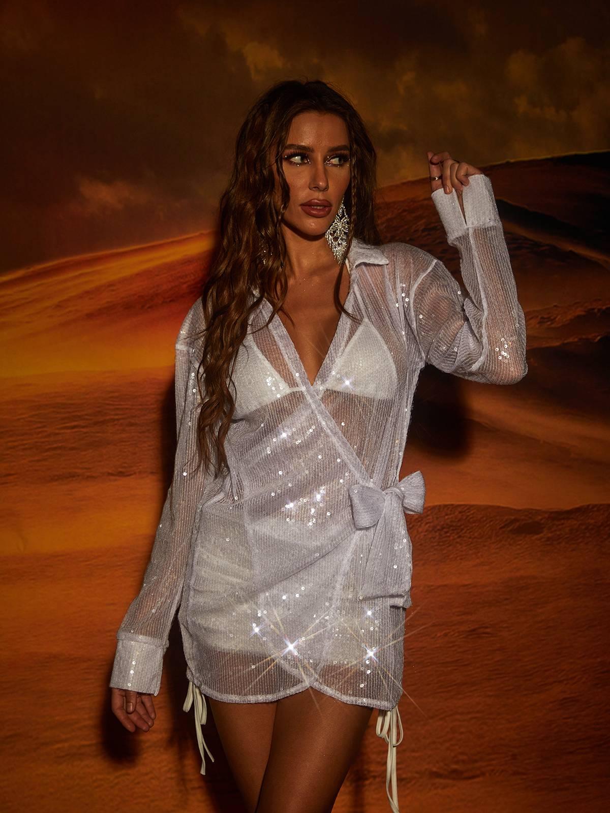 Long Sleeve Wrap Tie Sequin Ribbed Mesh Cover Up Mini Dress