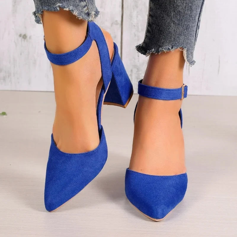 Women's Pointed Toe Highs Trend Summer New Fashion Suede Chunky Shal Shoes Low Heel Pumps