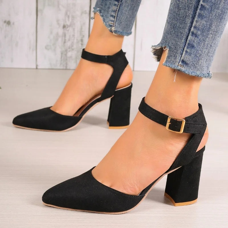 Women's Pointed Toe Highs Trend Summer New Fashion Suede Chunky Shal Shoes Low Heel Pumps