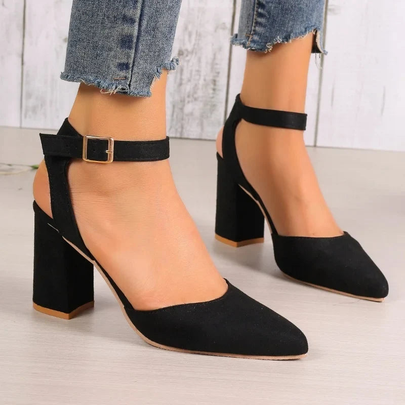 Women's Pointed Toe Highs Trend Summer New Fashion Suede Chunky Shal Shoes Low Heel Pumps