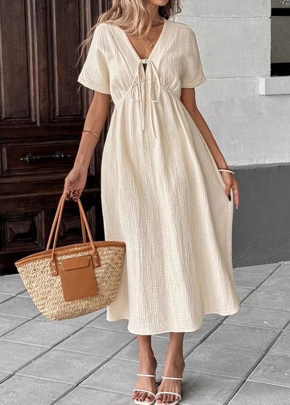 V-Neck Tie Front Empire Waist Crinkle Gauze Midi Dress