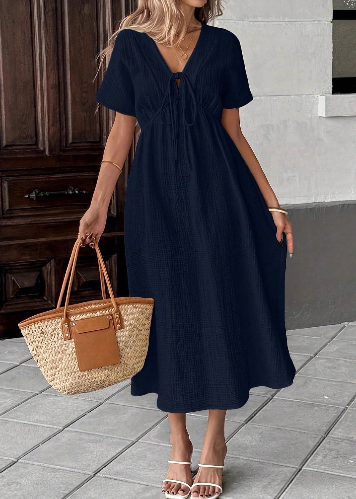 V-Neck Tie Front Empire Waist Crinkle Gauze Midi Dress
