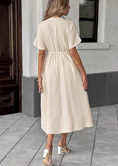 V-Neck Tie Front Empire Waist Crinkle Gauze Midi Dress