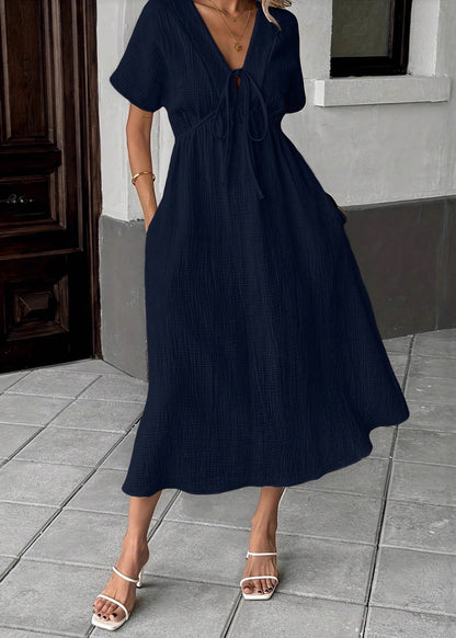 V-Neck Tie Front Empire Waist Crinkle Gauze Midi Dress