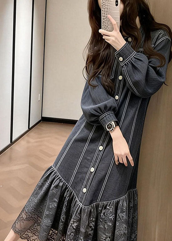 Pinstripe Button Front Puff Sleeve Lace Tier Hem Midi Dress