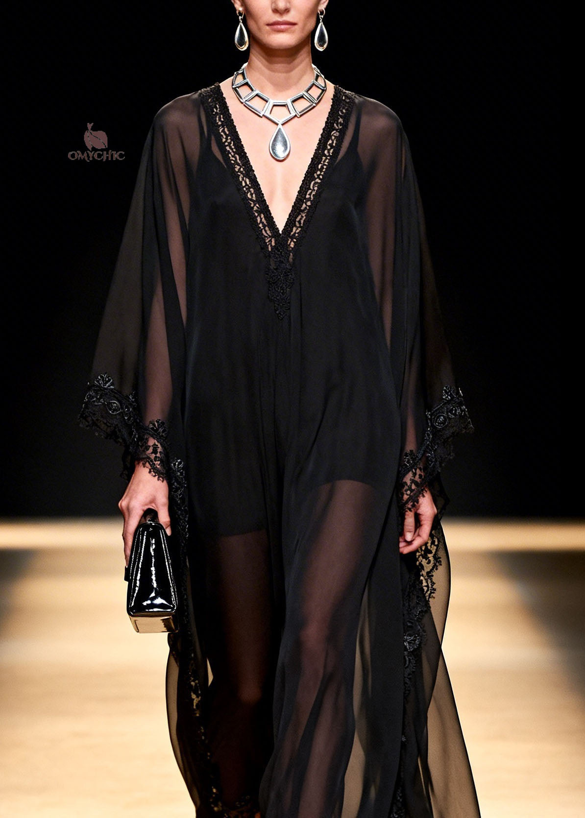 Deep V-Neck Wide Sleeve Lace Trim Crochet Embroidery Sheer Kaftan Maxi Dress