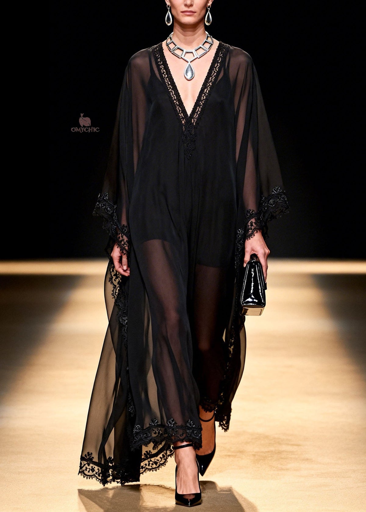 Deep V-Neck Wide Sleeve Lace Trim Crochet Embroidery Sheer Kaftan Maxi Dress