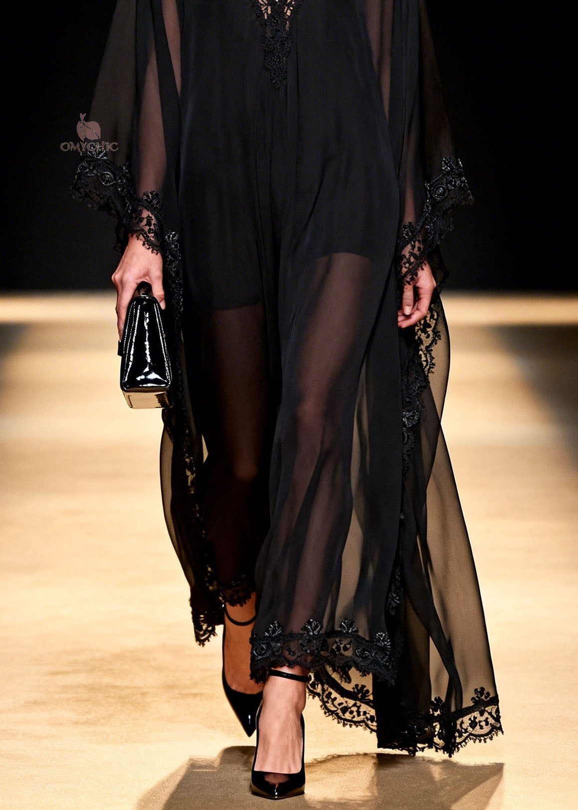 Deep V-Neck Wide Sleeve Lace Trim Crochet Embroidery Sheer Kaftan Maxi Dress