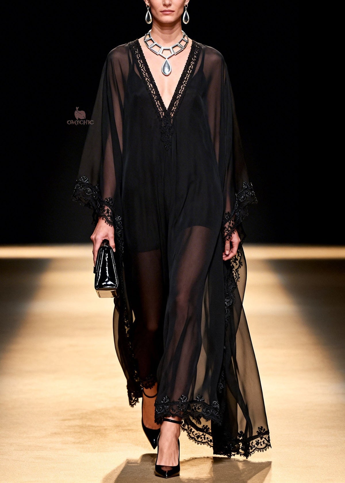 Deep V-Neck Wide Sleeve Lace Trim Crochet Embroidery Sheer Kaftan Maxi Dress