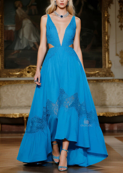 Deep V-Neck Lace Panel Waist Cutout High-Low Lace Ruffle Tier Maxi Gown