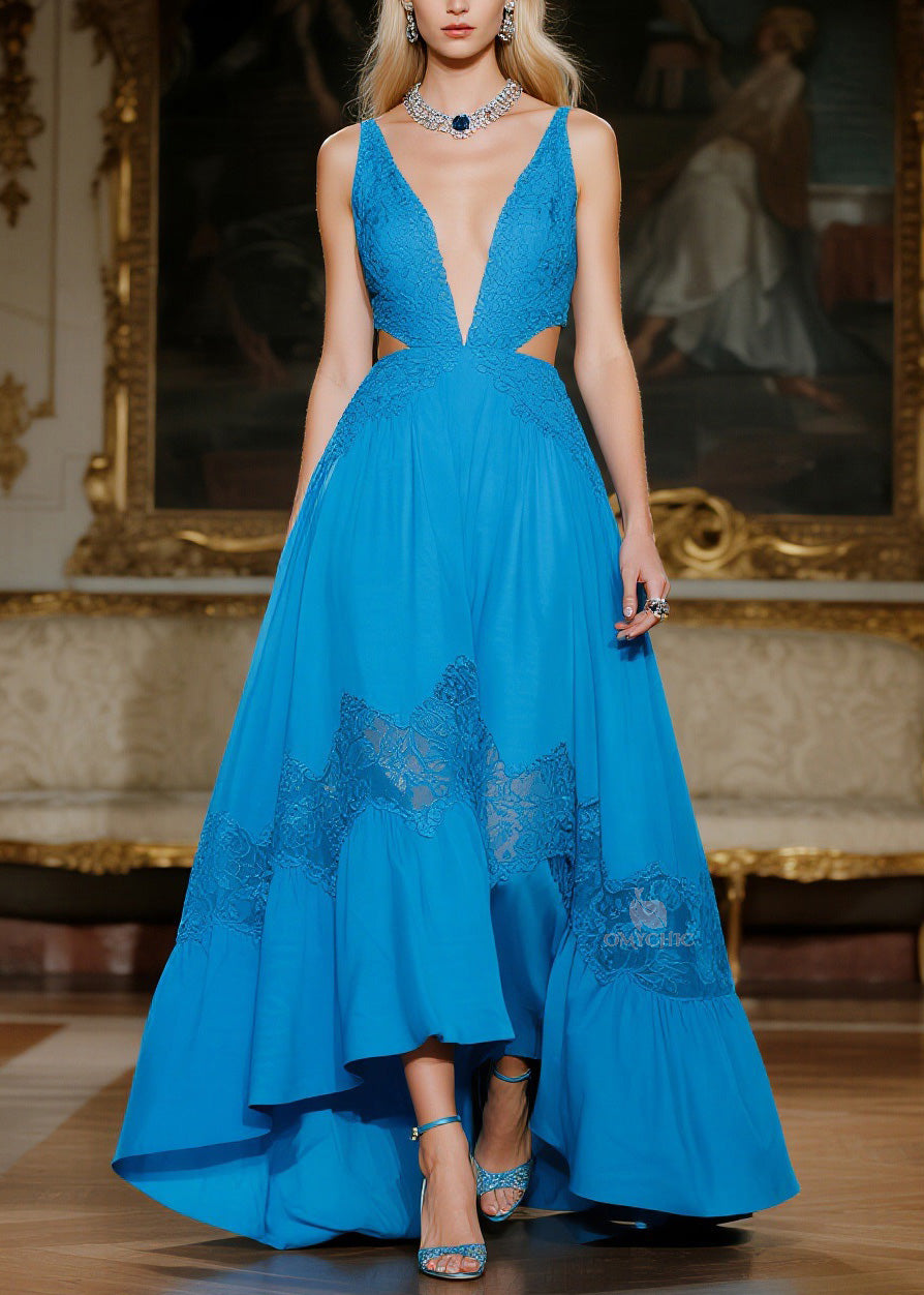 Deep V-Neck Lace Panel Waist Cutout High-Low Lace Ruffle Tier Maxi Gown