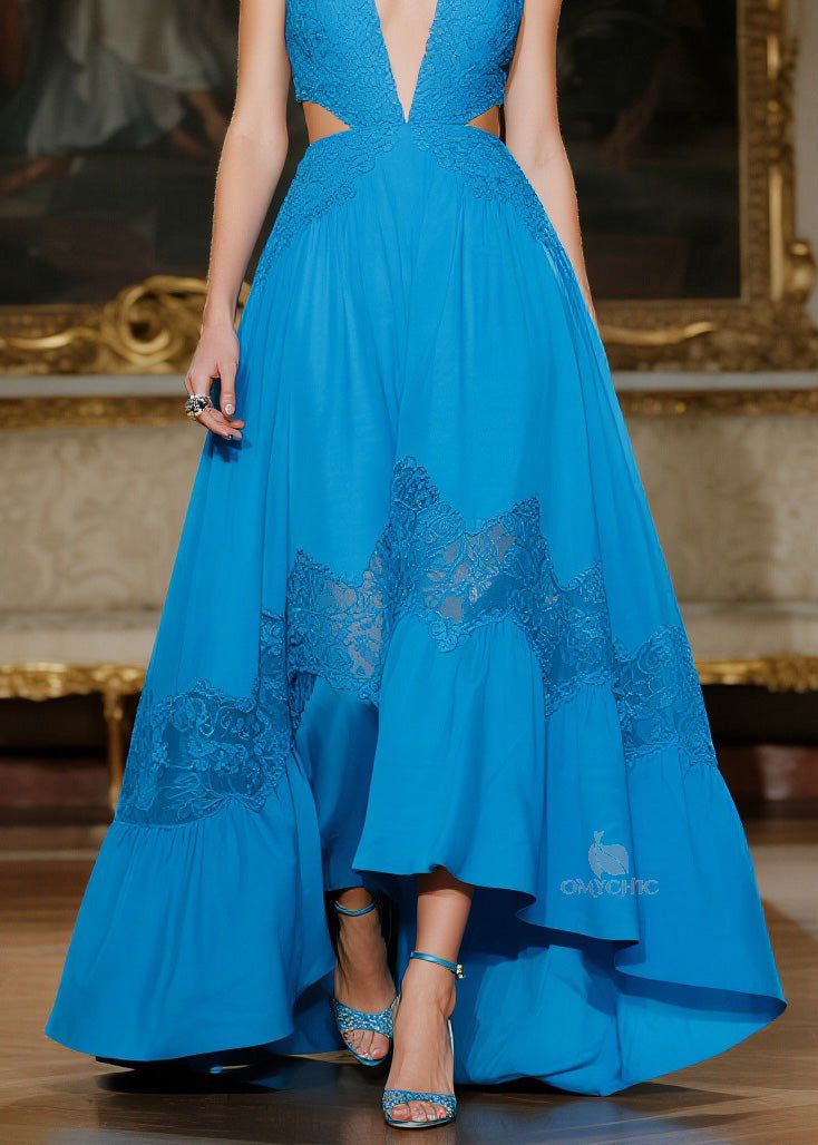 Deep V-Neck Lace Panel Waist Cutout High-Low Lace Ruffle Tier Maxi Gown