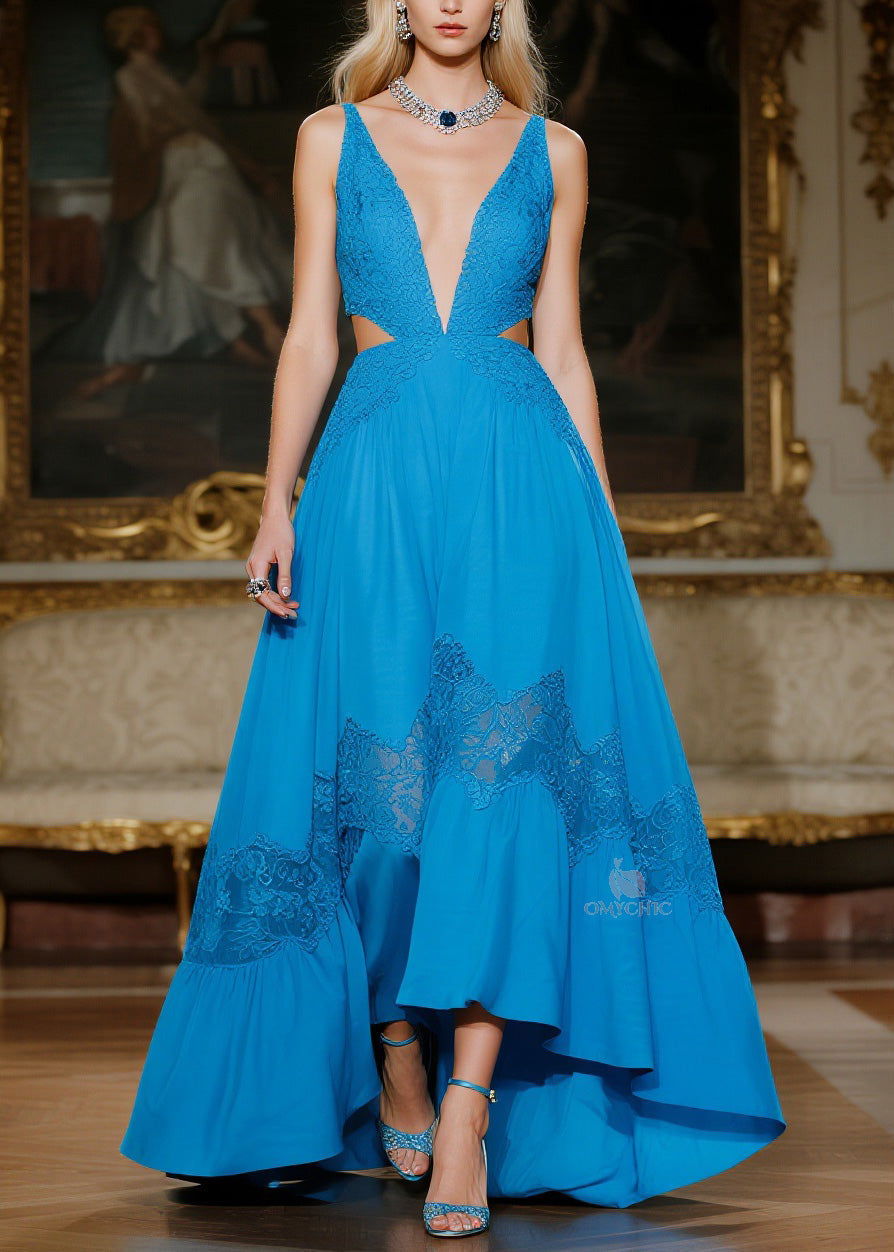 Deep V-Neck Lace Panel Waist Cutout High-Low Lace Ruffle Tier Maxi Gown