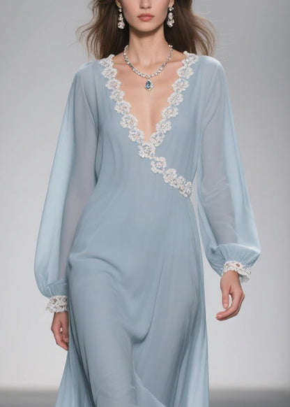 Wrap V-Neck Lace Trim Balloon Sleeve High-Low Ruffle Hem Chiffon Maxi Dress