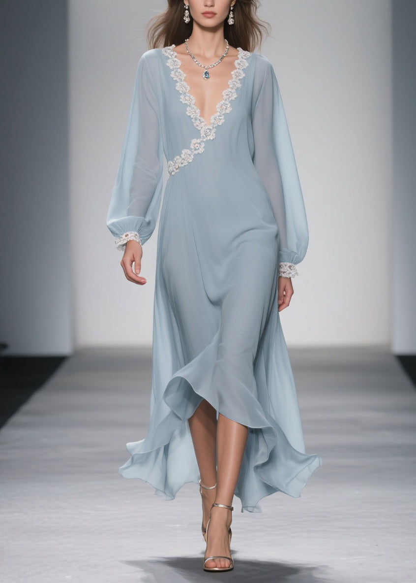 Wrap V-Neck Lace Trim Balloon Sleeve High-Low Ruffle Hem Chiffon Maxi Dress