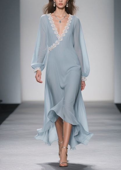 Wrap V-Neck Lace Trim Balloon Sleeve High-Low Ruffle Hem Chiffon Maxi Dress