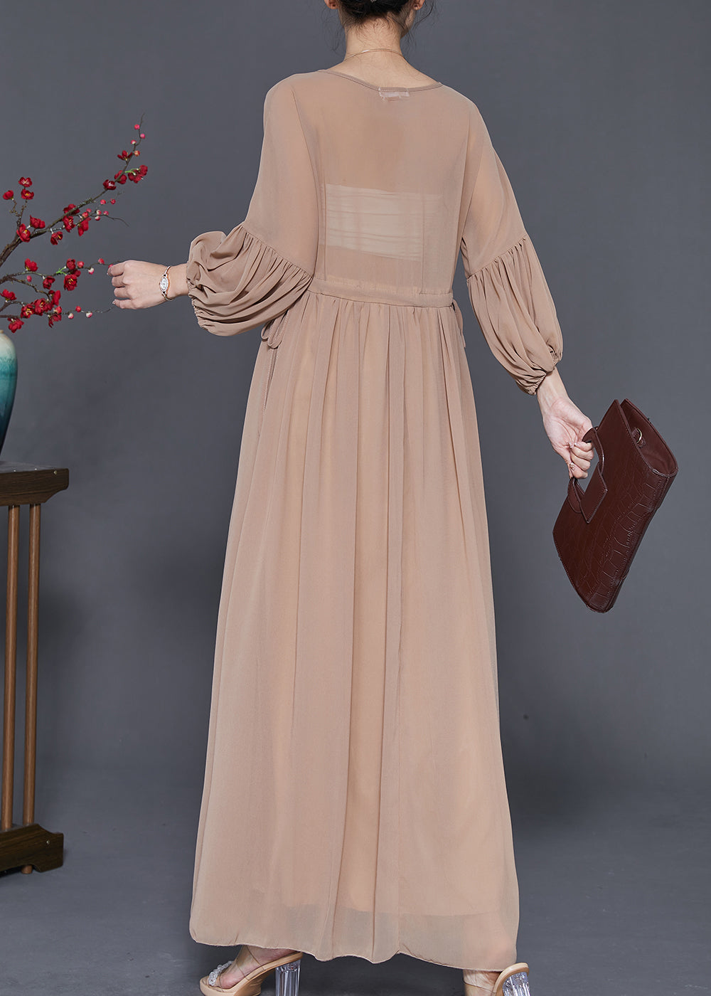V-Neck Lace Appliqué Bishop Sleeve Empire Waist Chiffon Gown