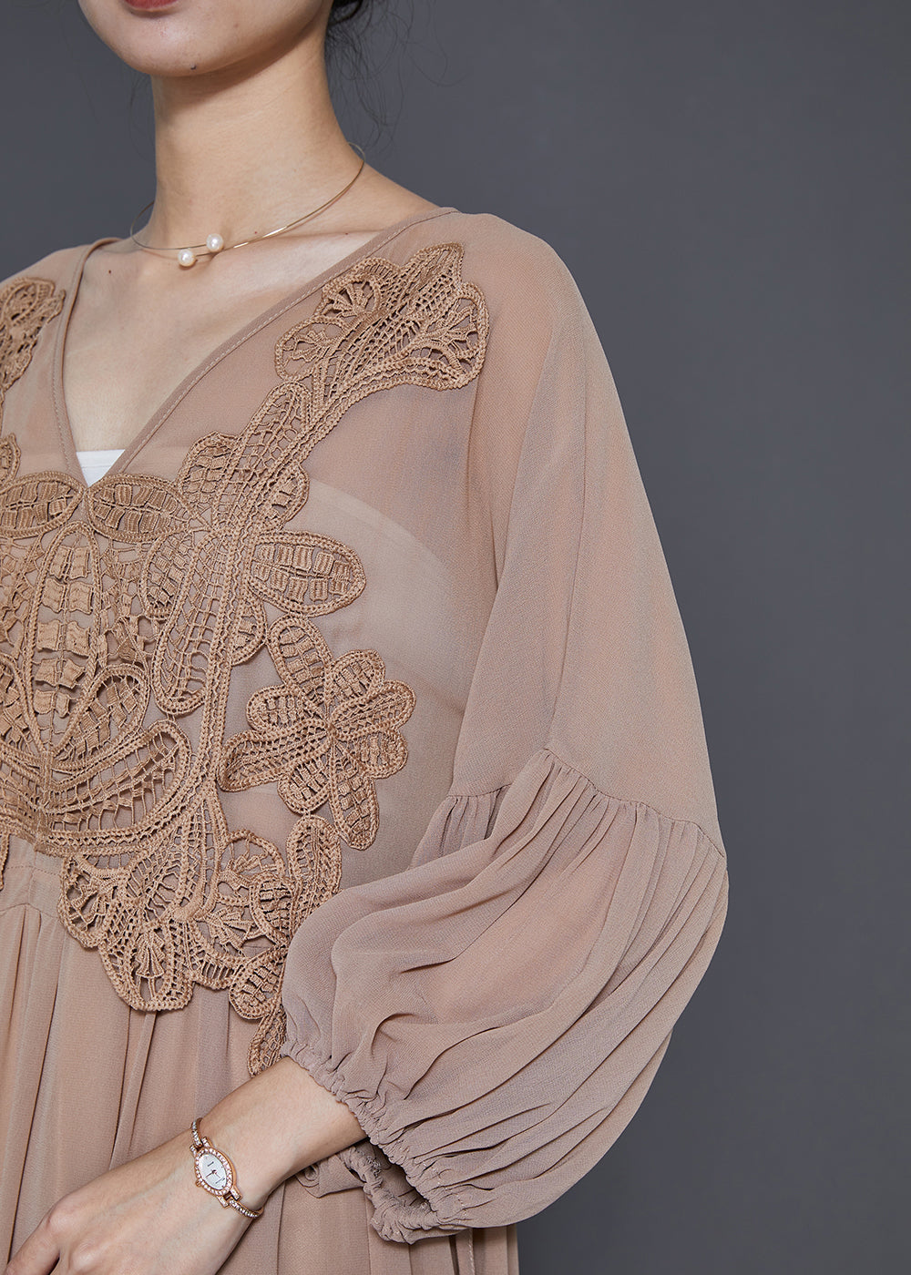 V-Neck Lace Appliqué Bishop Sleeve Empire Waist Chiffon Gown