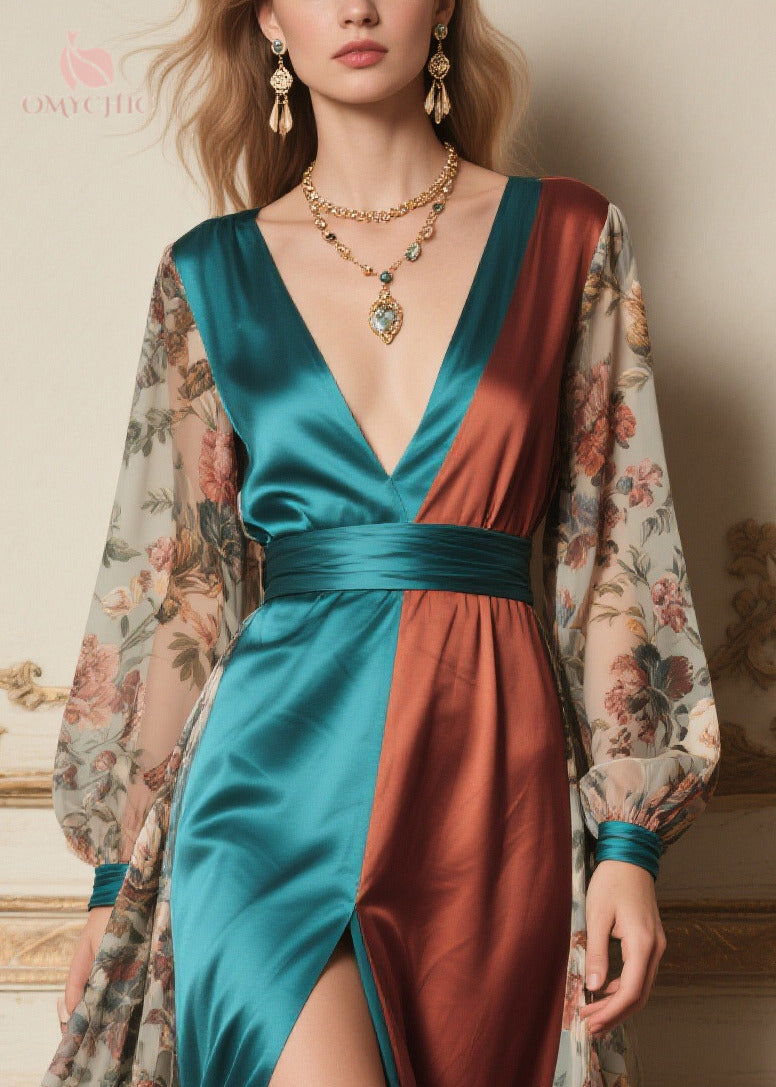 Deep V Neck Colorblock Floral Sheer Bishop Sleeve Belted Maxi Dress