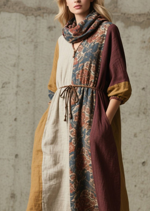 Deep V-Neck Scarf Tie Drawstring Waist Floral Panel Pocket Maxi Dress