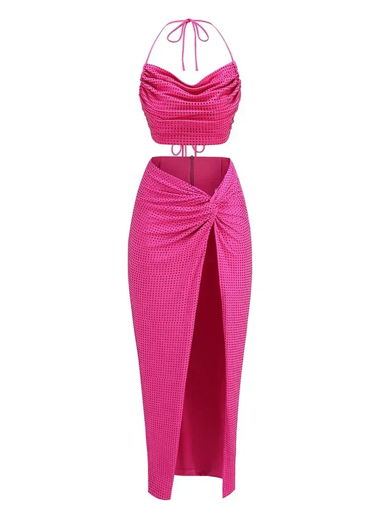 Women Diamonds 2 Piece Set Swinging Collar Crop Tops Long Skirts Party Dress