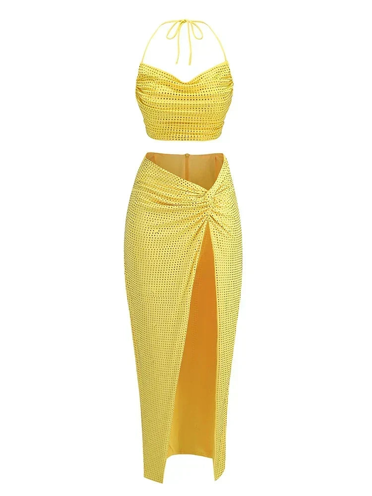 Women Diamonds 2 Piece Set Swinging Collar Crop Tops Long Skirts Party Dress