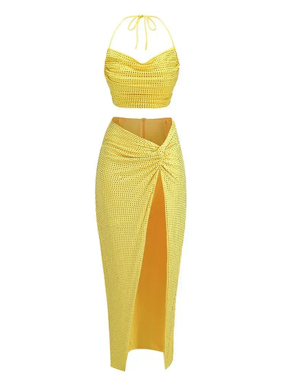 Women Diamonds 2 Piece Set Swinging Collar Crop Tops Long Skirts Party Dress