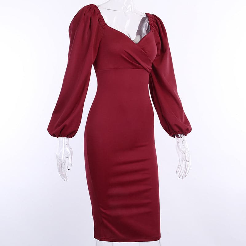 Sweetheart Neck Wrap Front Puff Sleeve Bodycon Midi Dress
