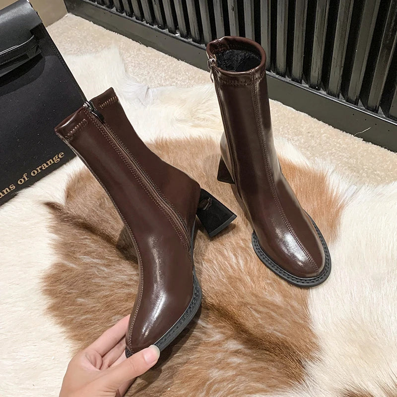 Elegant High Heels Chelsea Chunky Square Toe Ankle Boot