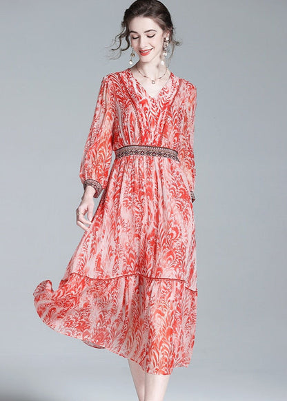 V-Neck Ruffle Trim Embroidered Floral Midi Dress