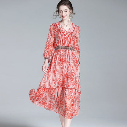 V-Neck Ruffle Trim Embroidered Floral Midi Dress