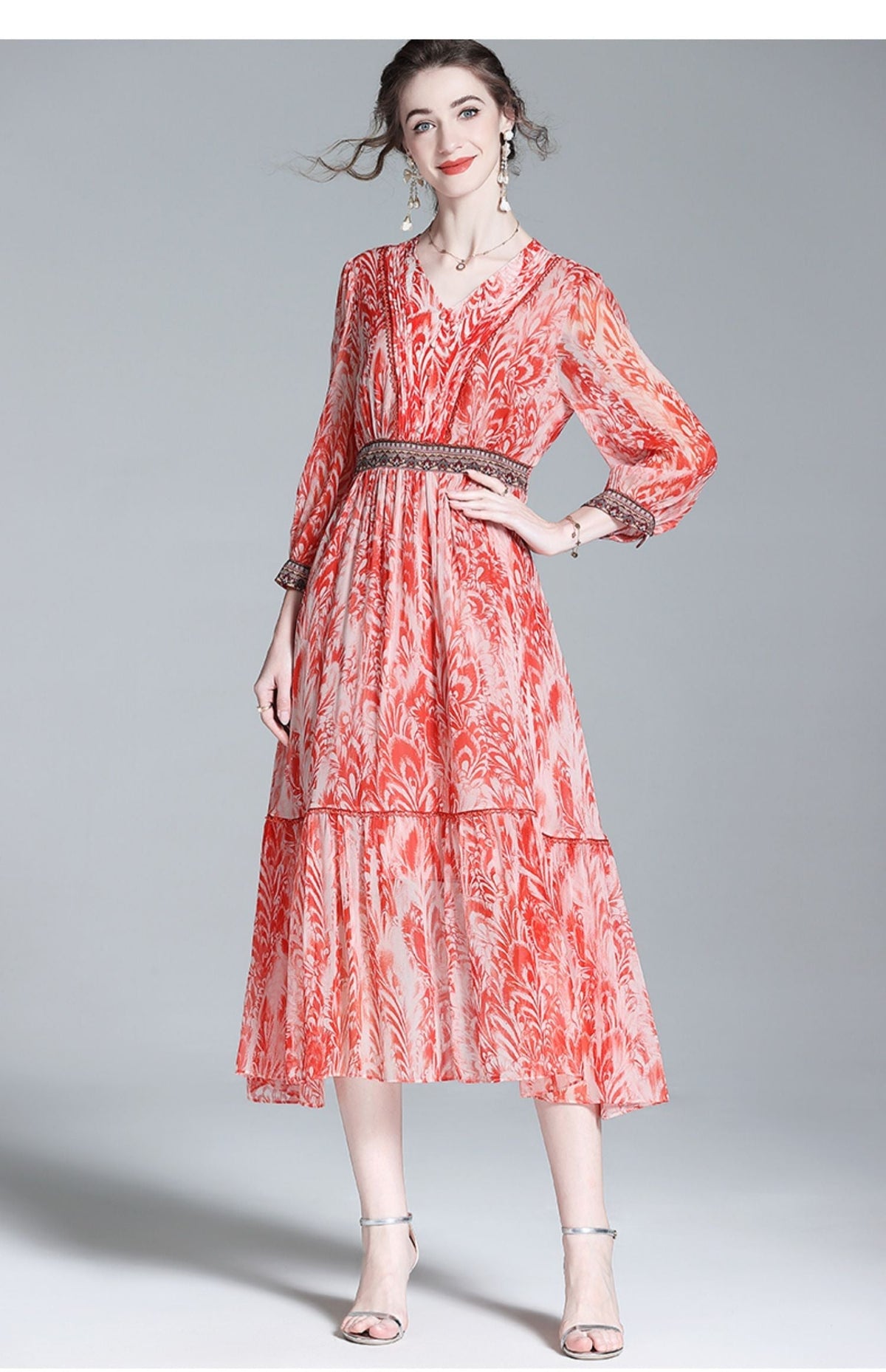 V-Neck Ruffle Trim Embroidered Floral Midi Dress
