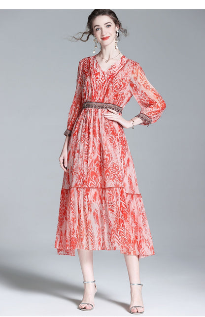 V-Neck Ruffle Trim Embroidered Floral Midi Dress