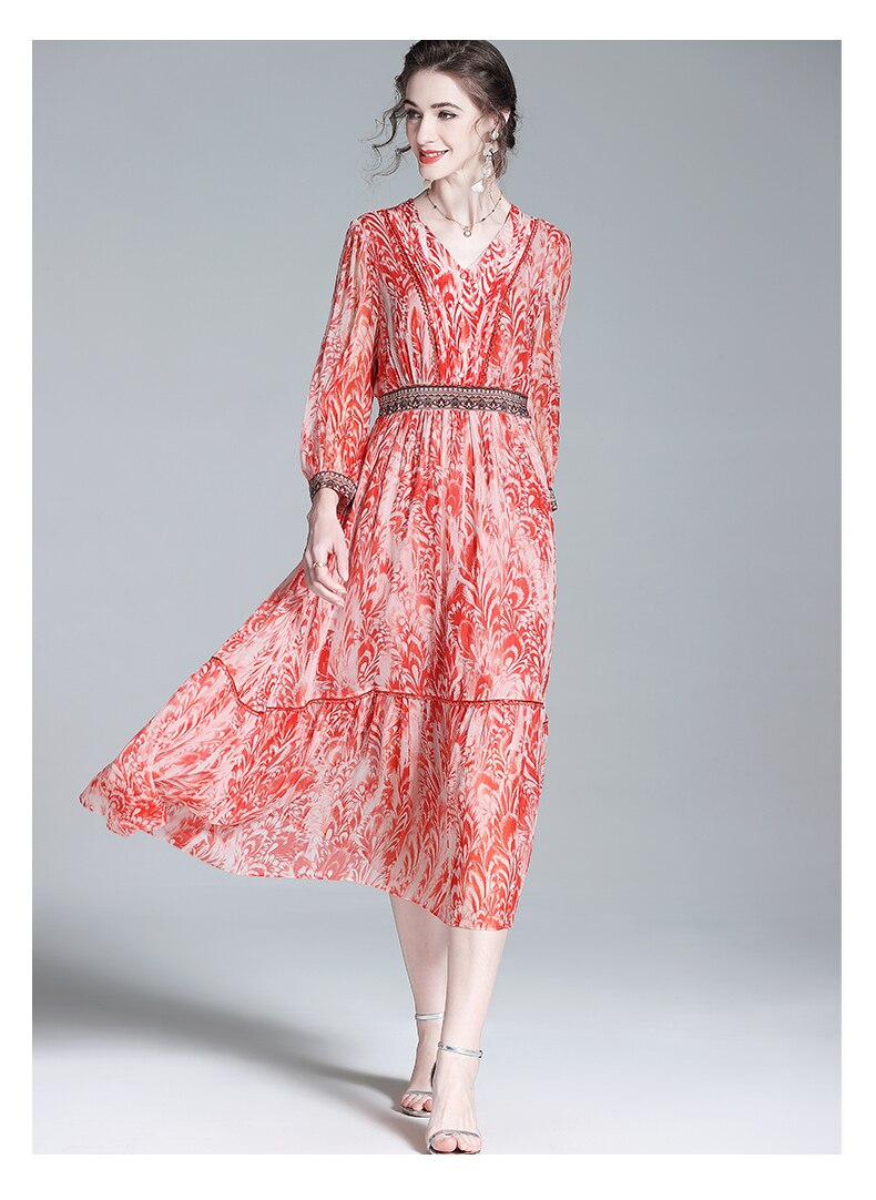 V-Neck Ruffle Trim Embroidered Floral Midi Dress