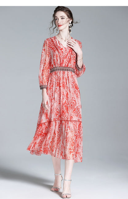 V-Neck Ruffle Trim Embroidered Floral Midi Dress