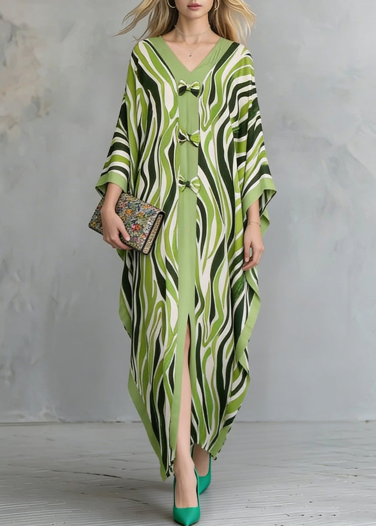 Deep V-Neck Front Bow Knot Zebra Print Wide Sleeve Kaftan Maxi Dress