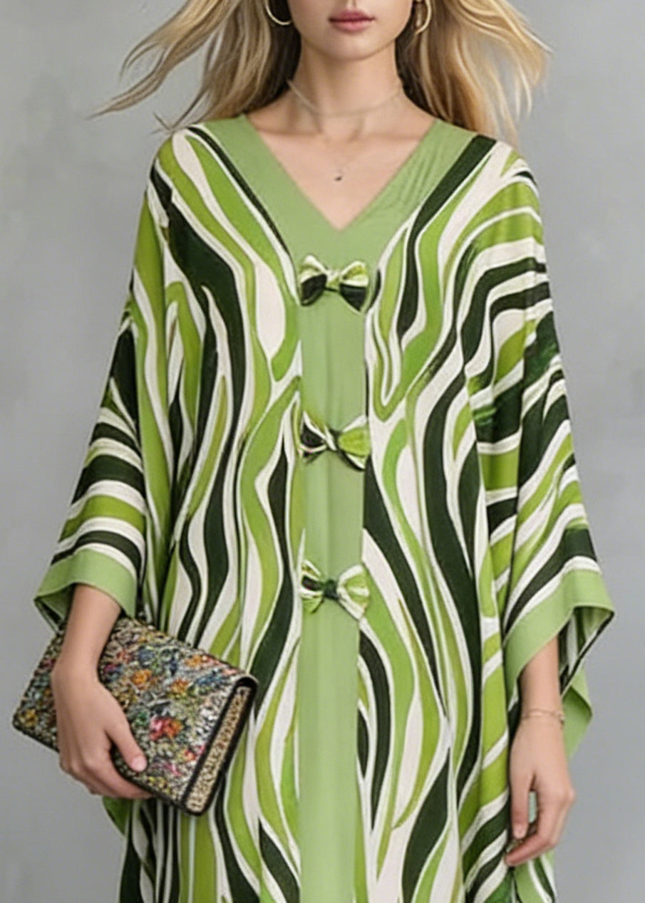 Deep V-Neck Front Bow Knot Zebra Print Wide Sleeve Kaftan Maxi Dress