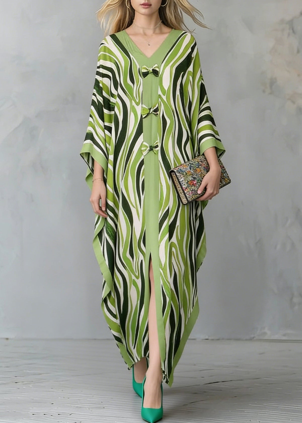 Deep V-Neck Front Bow Knot Zebra Print Wide Sleeve Kaftan Maxi Dress