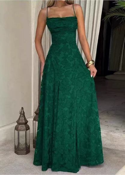 Square Neck Ruched Bust Floral Texture Pleated A Line Maxi Gown