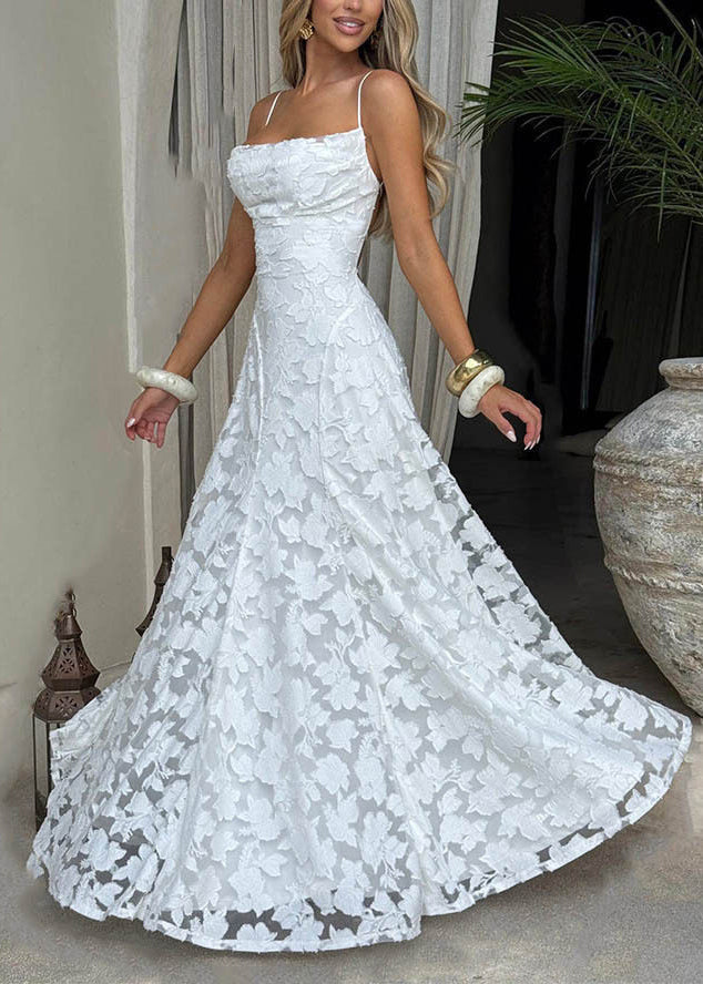 Square Neck Ruched Bust Floral Texture Pleated A Line Maxi Gown