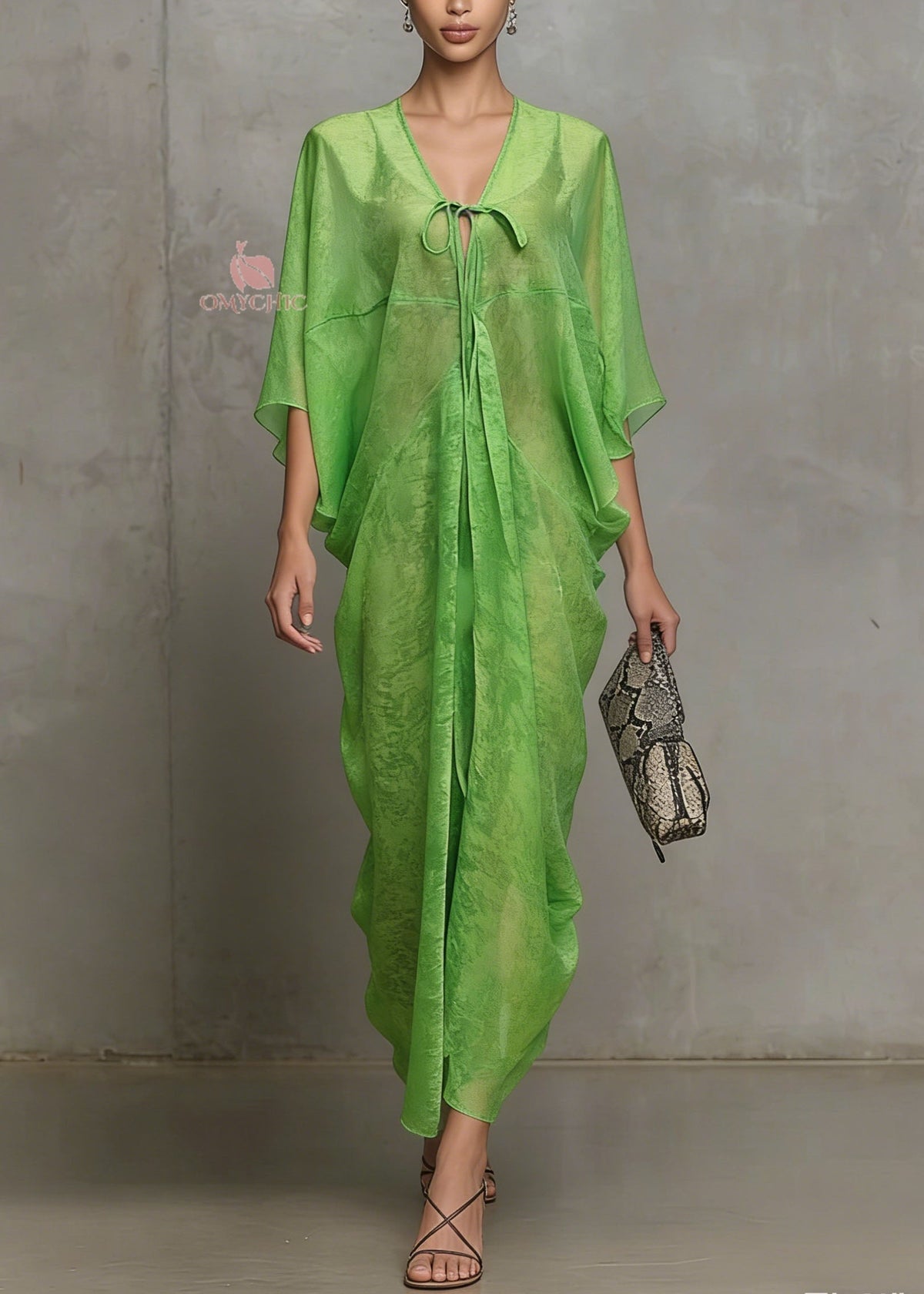 Deep V-Neck Tie-Front Sheer Draped Kaftan Maxi Dress