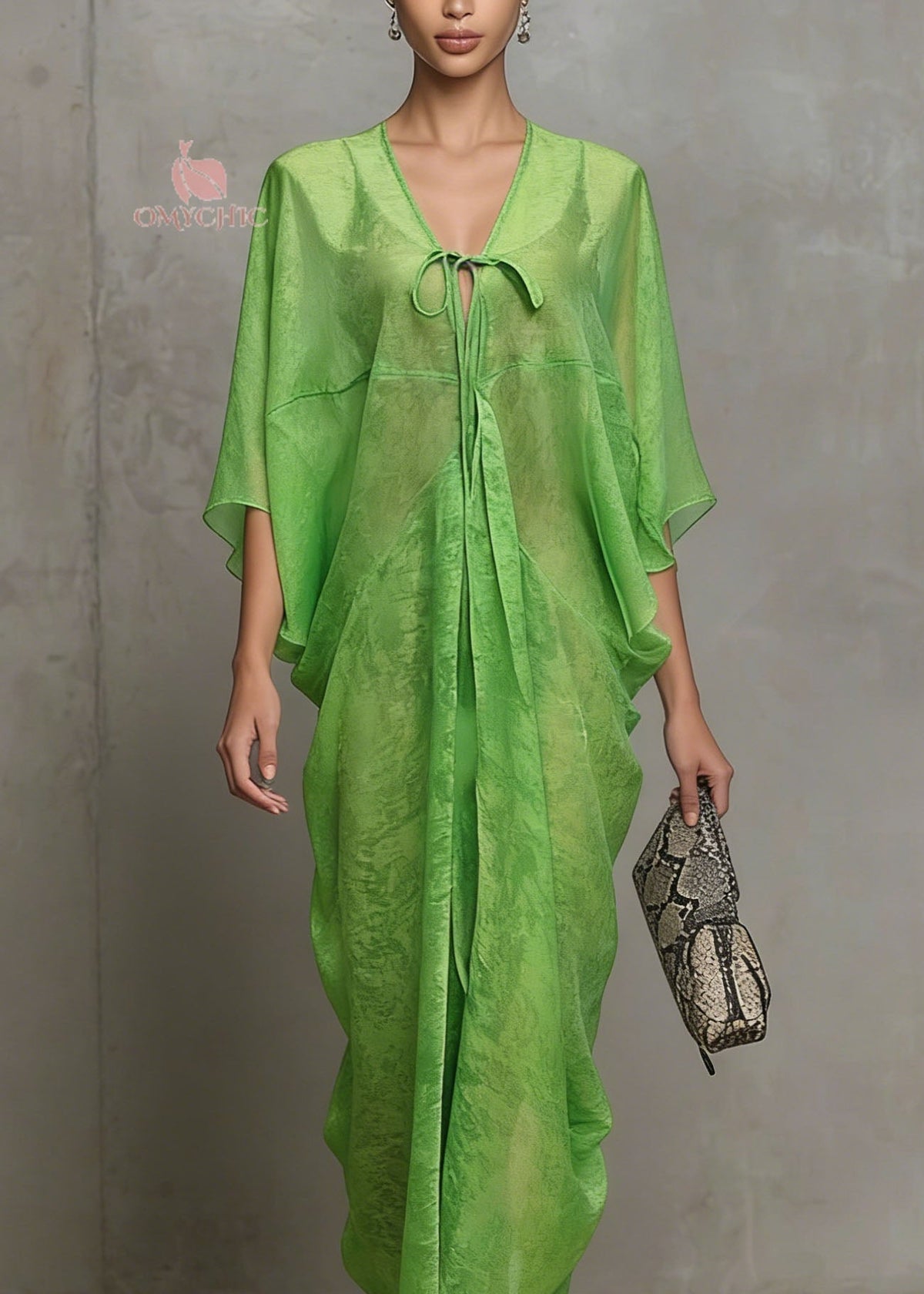 Deep V-Neck Tie-Front Sheer Draped Kaftan Maxi Dress