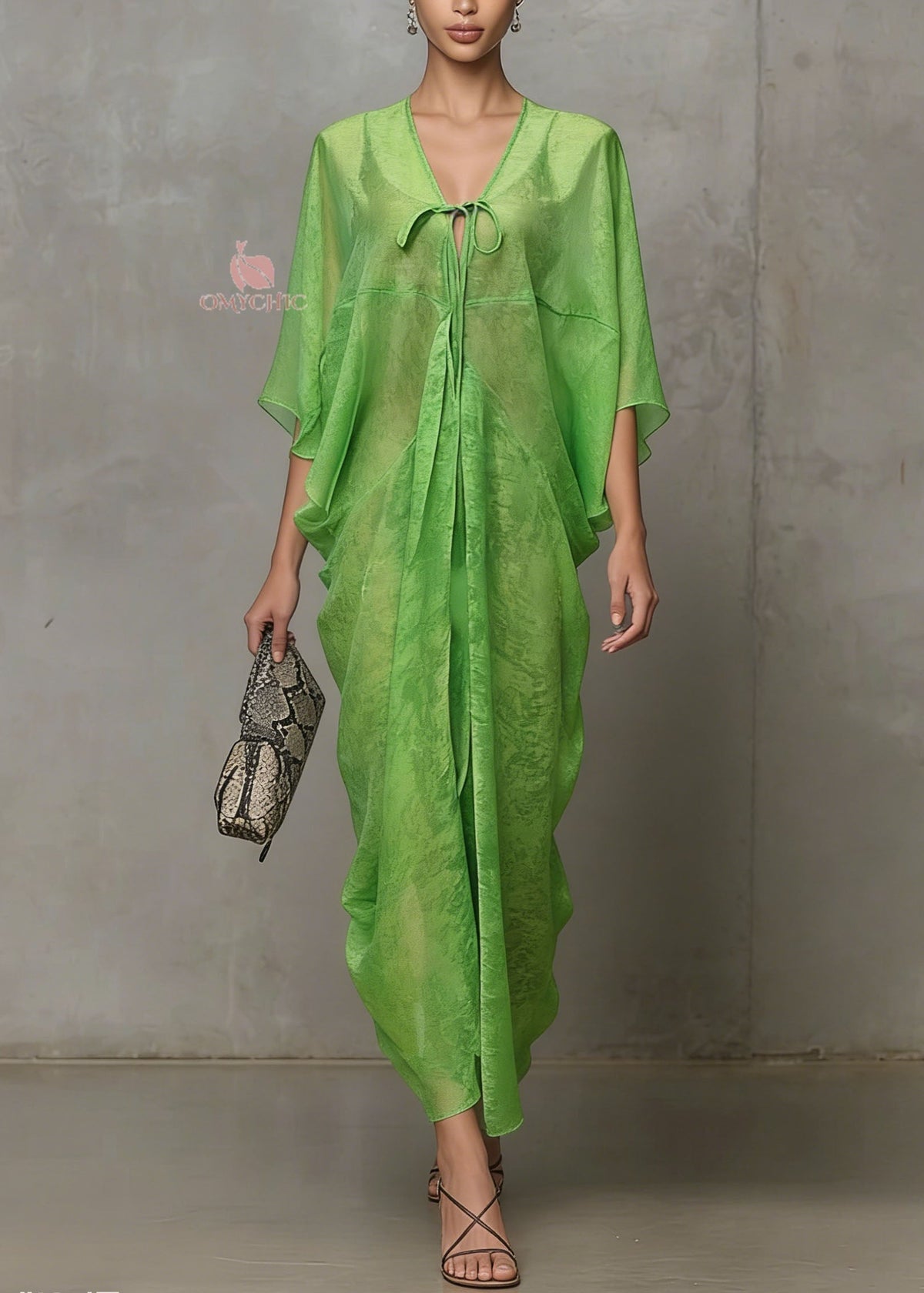 Deep V-Neck Tie-Front Sheer Draped Kaftan Maxi Dress