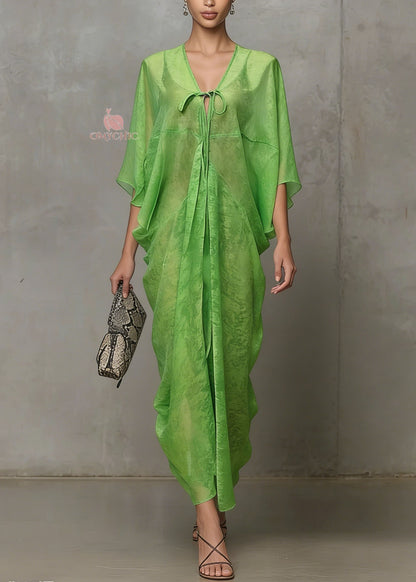 Deep V-Neck Tie-Front Sheer Draped Kaftan Maxi Dress